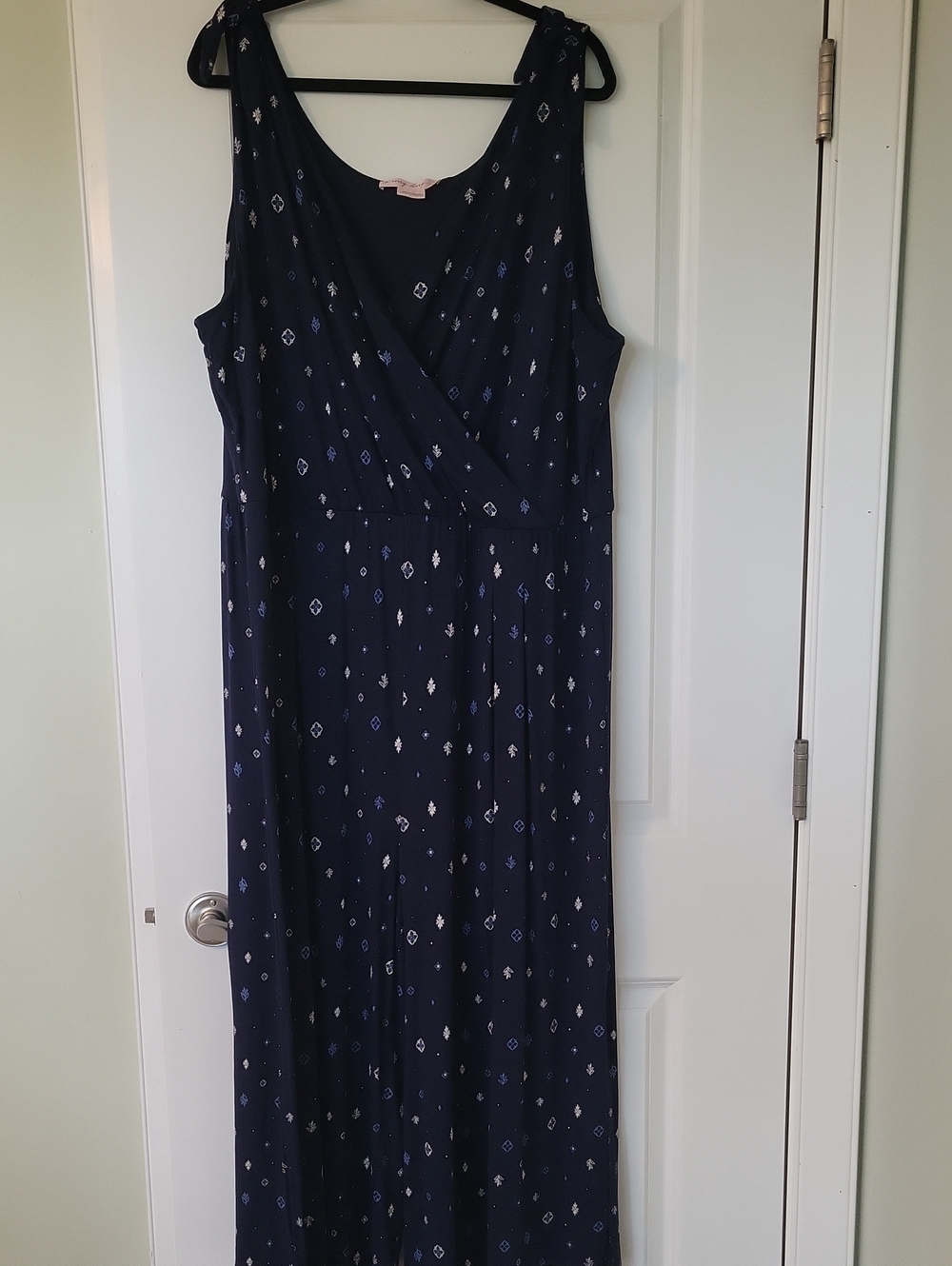 Navy Wide-Leg Jumpsuit with Subtle Geometric Print